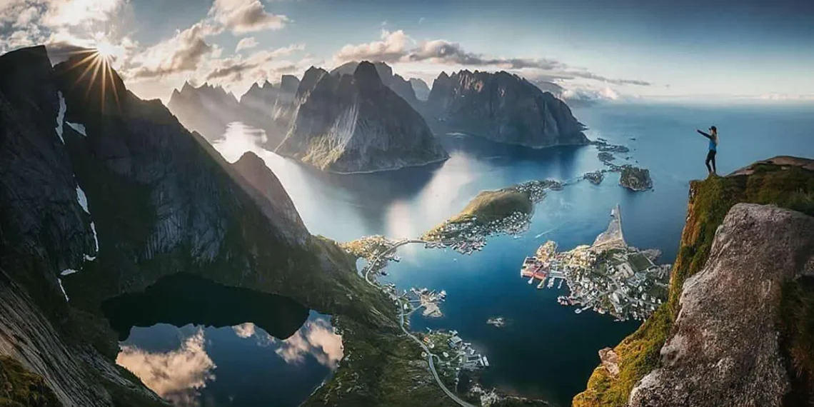 A view of a Norwegian fjord and mountain village