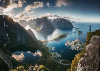 A view of a Norwegian fjord and mountain village