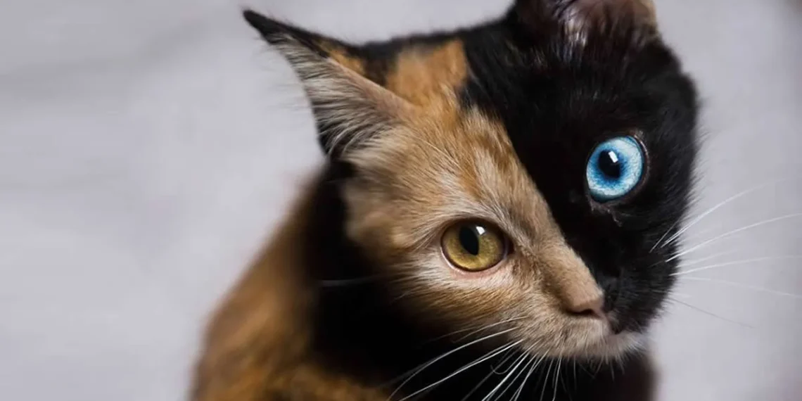 Cat with half orange, half black face and two different colored eyes fascinating animal portrait photography