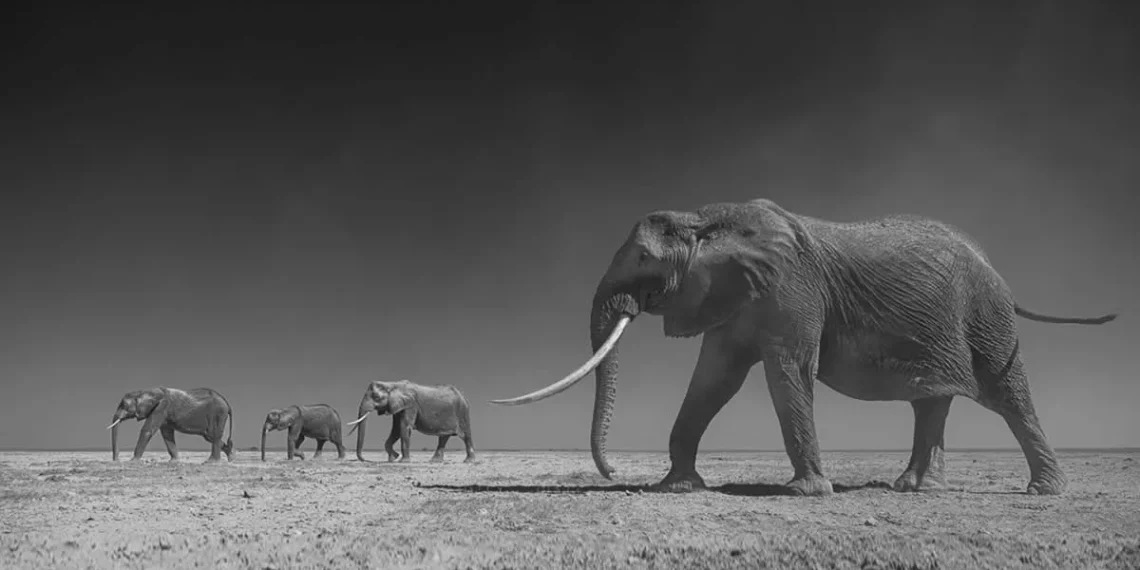 Elephants walking across a dry plain - black and white photo
