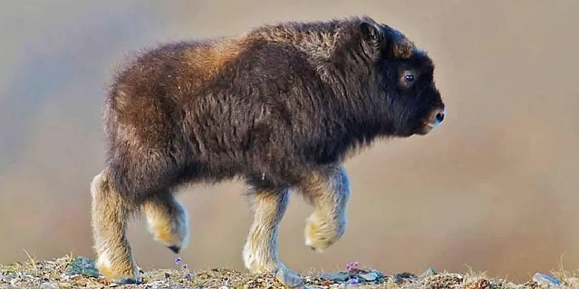 Fluffy baby musk ox calf walking on rocky tundra awe-inspiring nature image