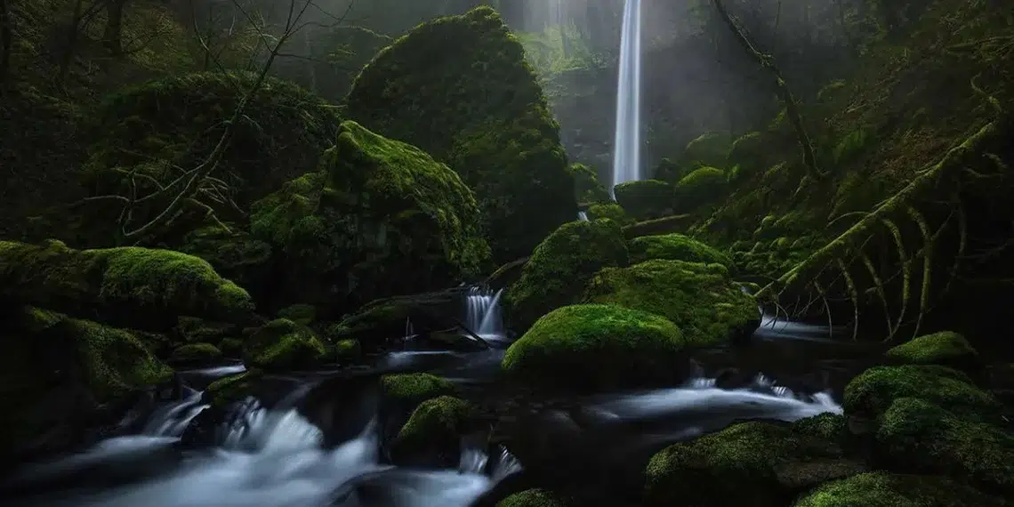Tall waterfall with mossy rocks and misty forest stream, landscape photos around the world