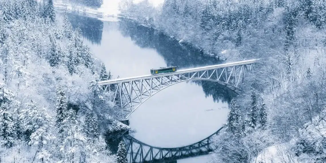 Train crossing a steel arch bridge over a frozen river in a snowy forest