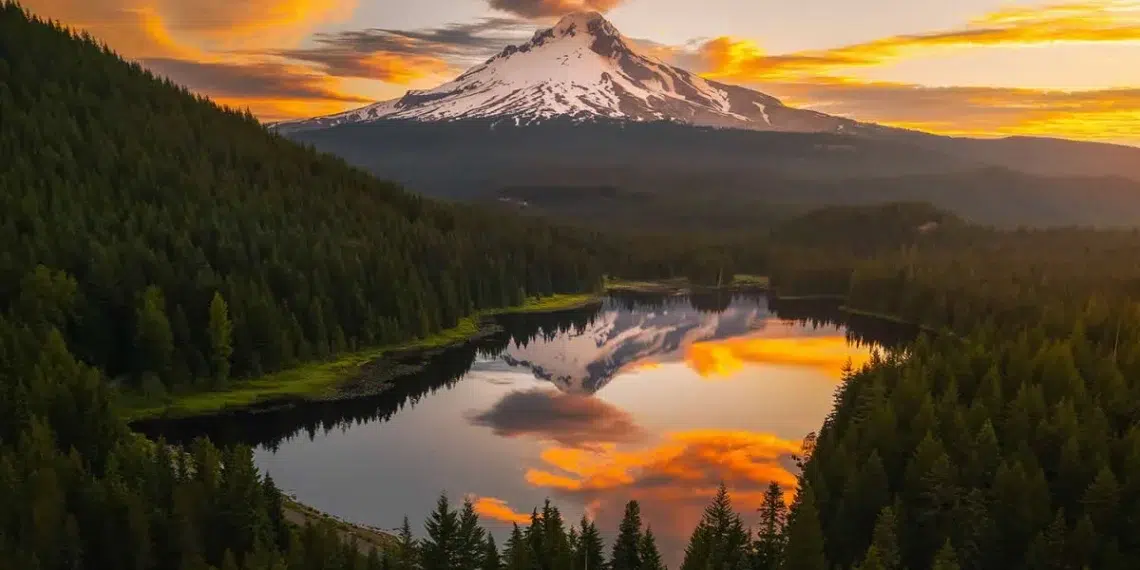 Snow-capped Mount Hood reflected in a forest lake under a fiery sunset - breathtaking landscape photography