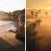 Rocky beach with lone figure and misty baobab trees, drone photos