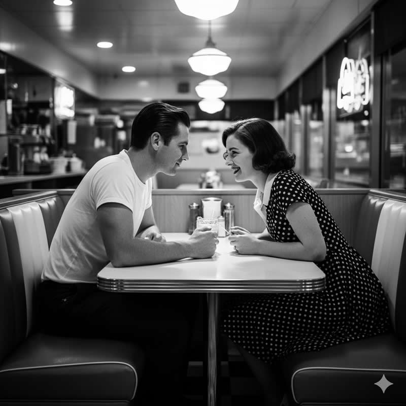 1950s Black & White Diner Scene - Gemini AI Prompts Turn Your Photos to Perfect Retro