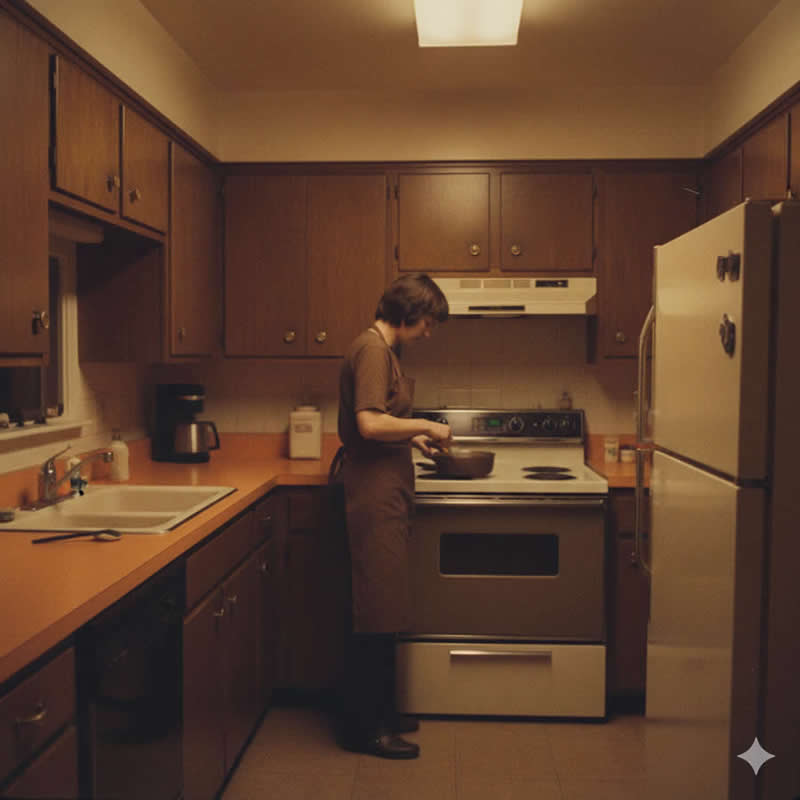1970s Brown-and-Orange Kitchen Snapshot - Gemini AI Prompts Turn Your Photos to Perfect Retro