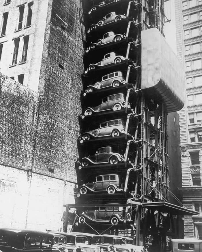 A vertical parking lot in New York, 1920s
