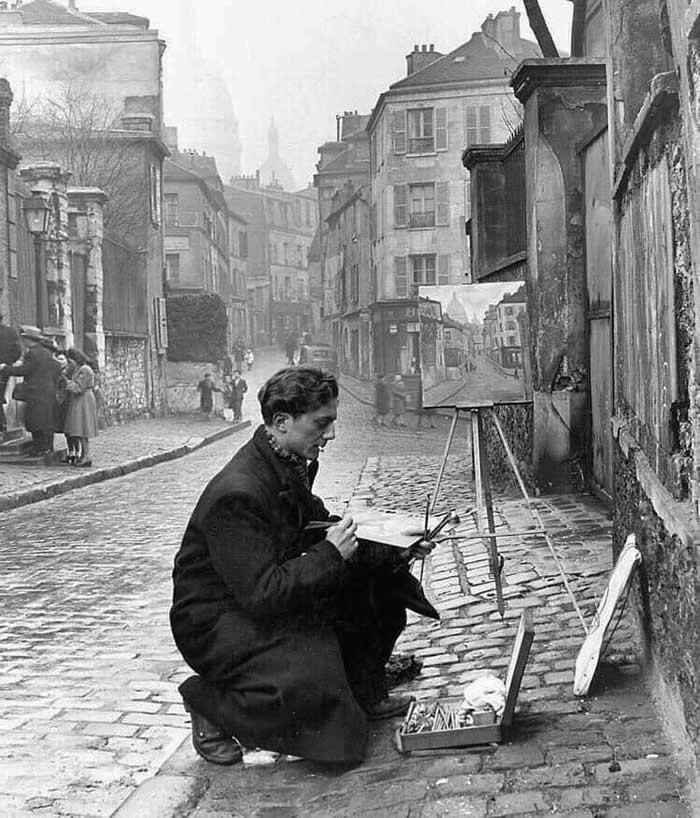 A young artist paints Sacré-Coeur, Paris, 1946