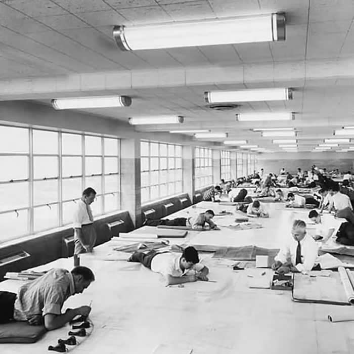 Office life before the invention of AutoCAD and other drafting softwares Photo from 1960s
