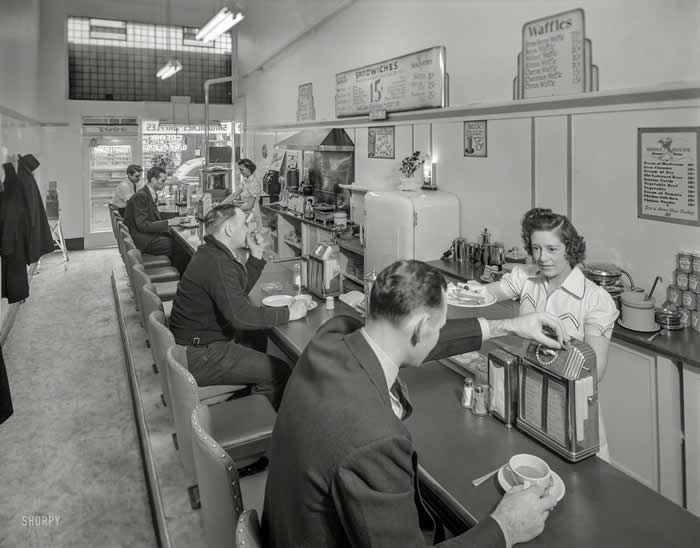 San Francisco diner featuring the Buckley Music System "Music Box" at the lunch counter. c. 1941 The remote unit allowed patrons to select songs from a nearby jukebox