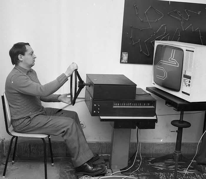 A man taking a roadworthiness test in Hungary in the 1980s