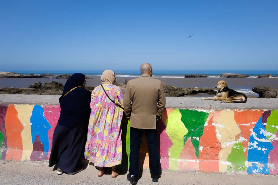 Three People watching the scene of beach and Dog sitting other side Turkey - Captivating Street Photography by Giancarlo Zuccarone