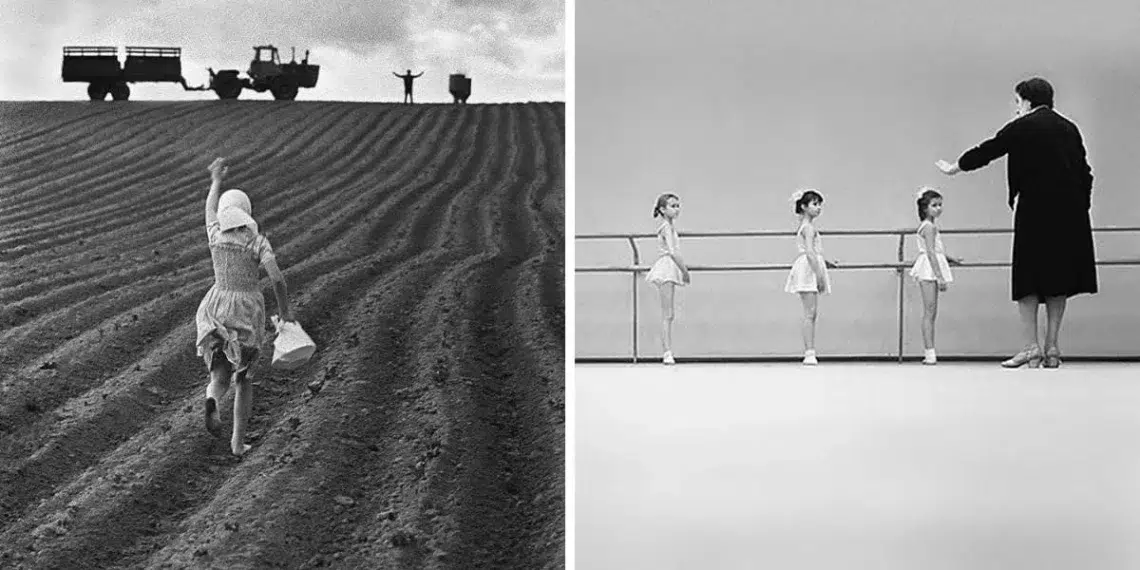 Black and white photos showing girl running in farm field and ballet teacher guiding young dancers
