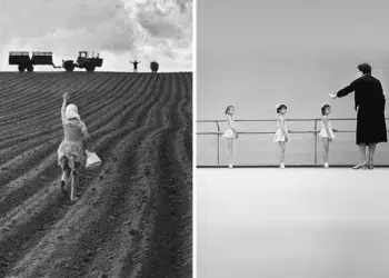 Black and white photos showing girl running in farm field and ballet teacher guiding young dancers