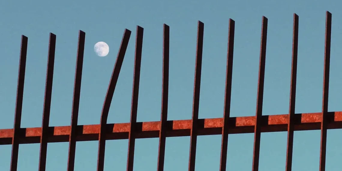 Full moon visible behind rusty iron fence against blue sky