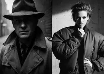 Two black and white portraits: a man in a fedora and trench coat, and a woman in a bomber jacket