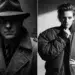 Two black and white portraits: a man in a fedora and trench coat, and a woman in a bomber jacket