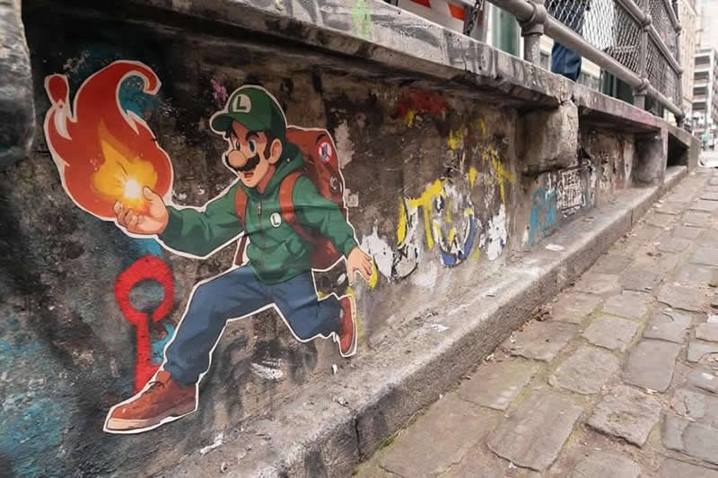 Paste-up in Seattle depicting Luigi with the UnitedHealthcare logo crossed out on his backpack - Street Art Masterpieces Around the World