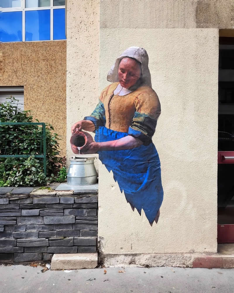 Woman Art on Wall Pouring Milk on Pot - Funny Creative Street Artworks by Artist Oak Oak