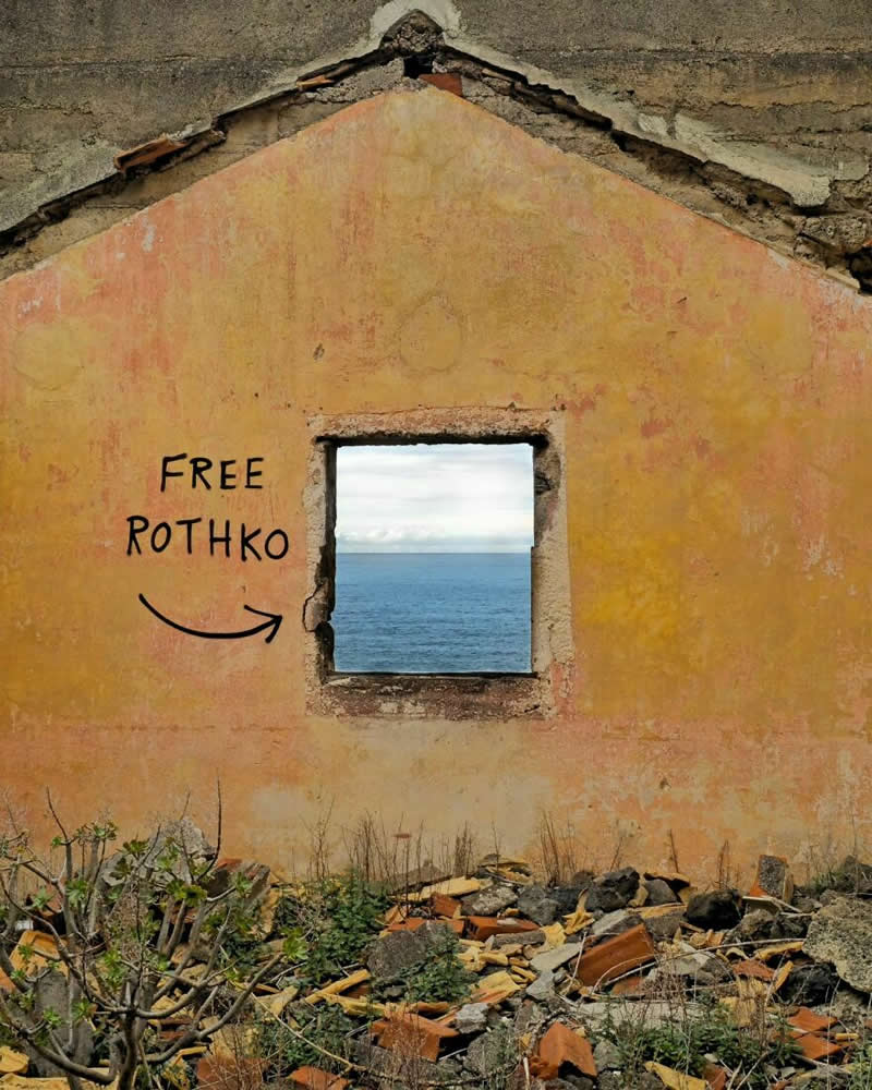 A Old House Wall and a big hole towards Sea - Funny Creative Street Artworks by Artist Oak Oak