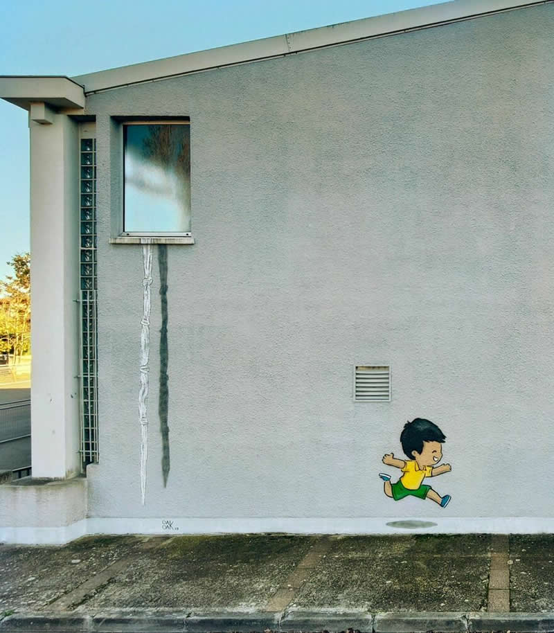 A little boy running with yellow shirt and green trouser - Funny Creative Street Artworks by Oak Oak