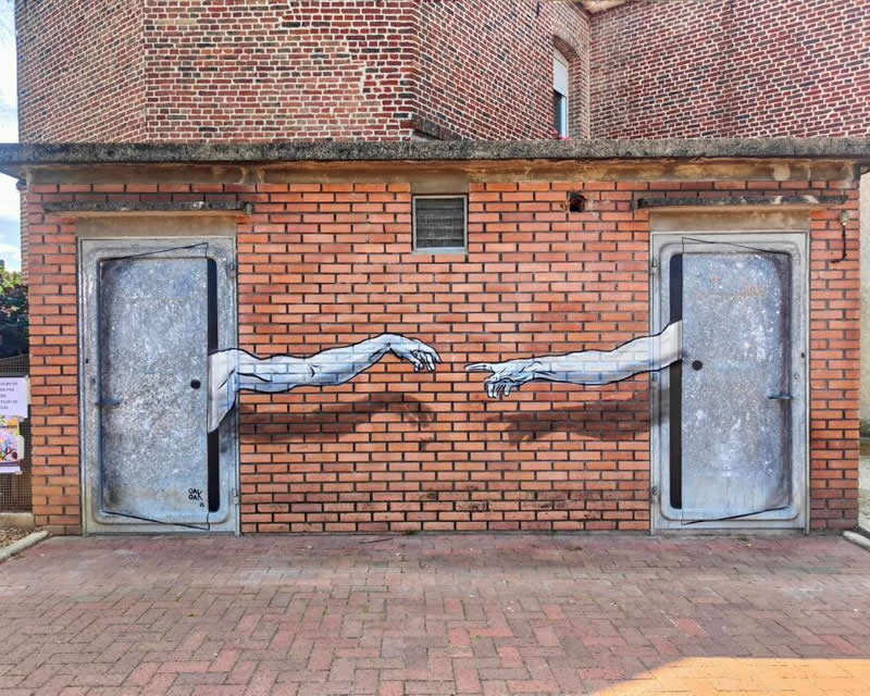 Hands connecting between two doors - Funny Creative Street Artworks by Oak Oak