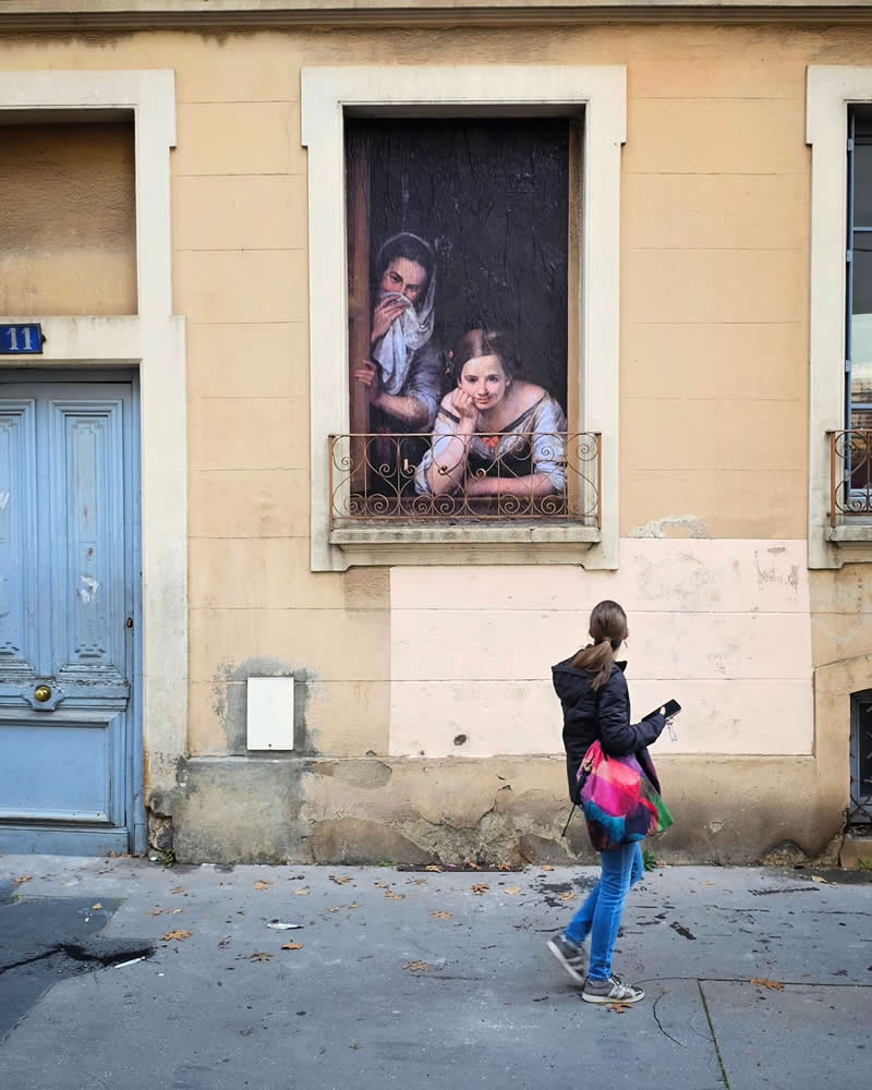 Two women watching from windows - Funny Creative Street Artworks by Oak Oak