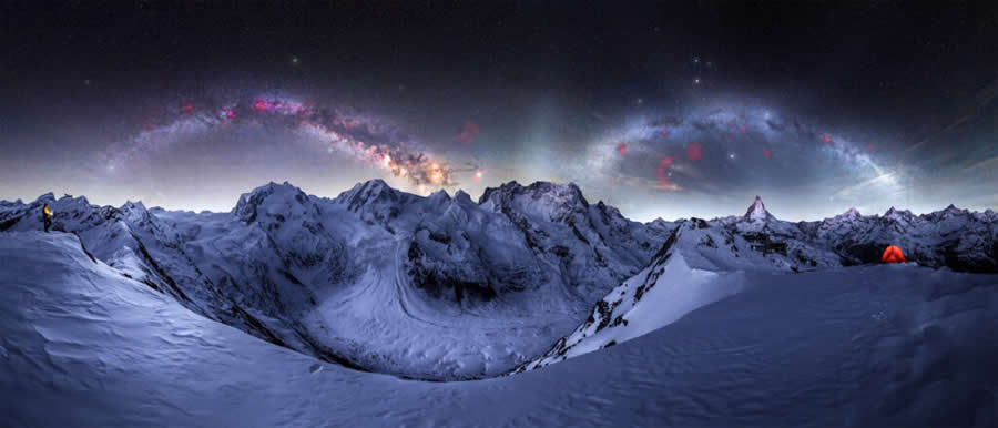 Double Milky Way Arch Over Matterhorn, Zermatt by Angelica Fuchs, Switzerland - 2025 Epson International Pano Awards Landscape Winners