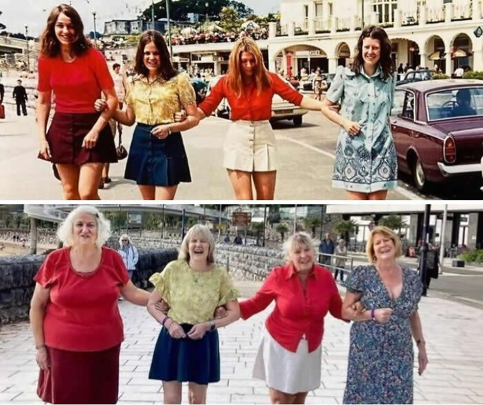 A Group Of Fun-Loving Friends Have Recreated A Photo From Their First Girls’ Holiday – More Than 50 Years Later - Throwback Vacation Photos Goold Old Days