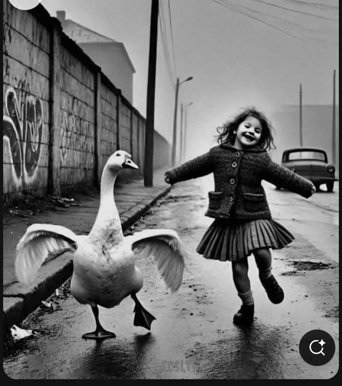 Girl with a swan enjoying time on the street - Pure Joy of Childhood Black and White Photos