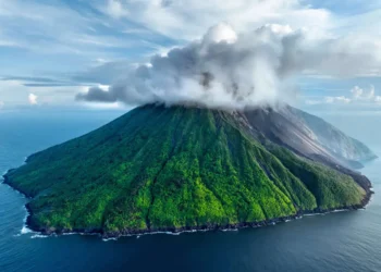 Aerial view of volcanic island