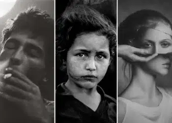 Black and white photos featuring soulful portraits of a man smoking, a young girl, and a creative female portrait