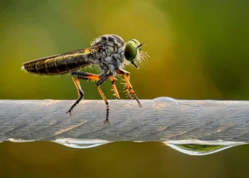 Macro robber fly with green eyes perched on wet wire