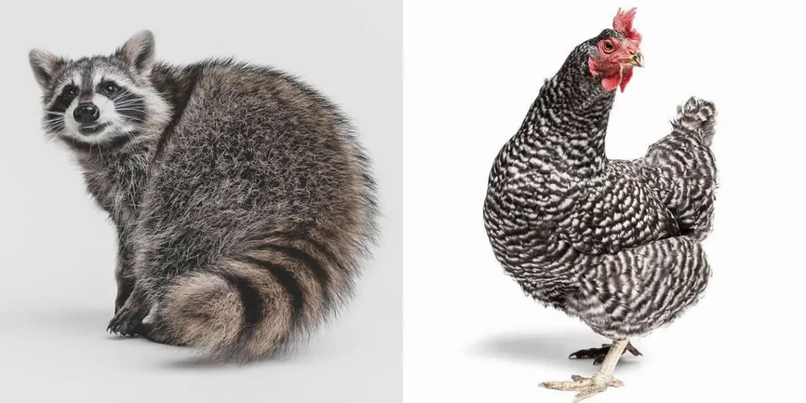Raccoon and striped chicken studio portraits on a white background
