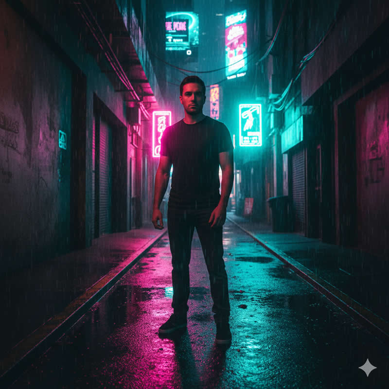 Neon Alley Glitch - Gemini AI Prompts for High-Contrast Cinematic Portraits