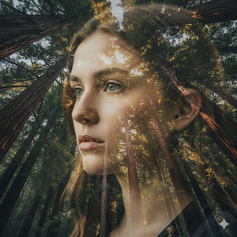 Redwood Canopy: Emphasizes texture and shade. - Gemini AI Prompts to create Double Exposure Portraits