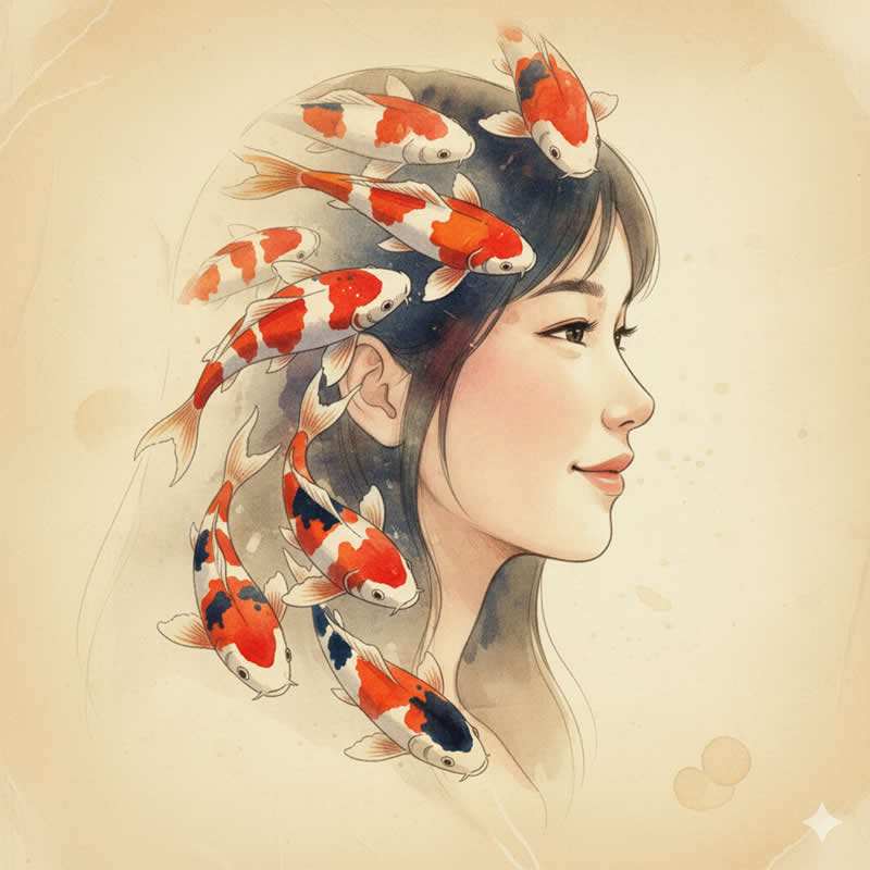 Koi Fish & Water: Focuses on fluid movement and bright color. - Gemini AI Prompts to create Double Exposure Portraits