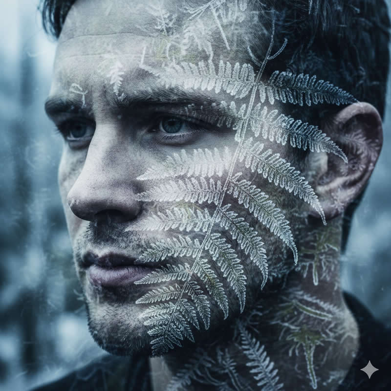 Frost & Ferns: Creates a cold, textured, and slightly eerie effect. - Gemini AI Prompts to create Double Exposure Portraits