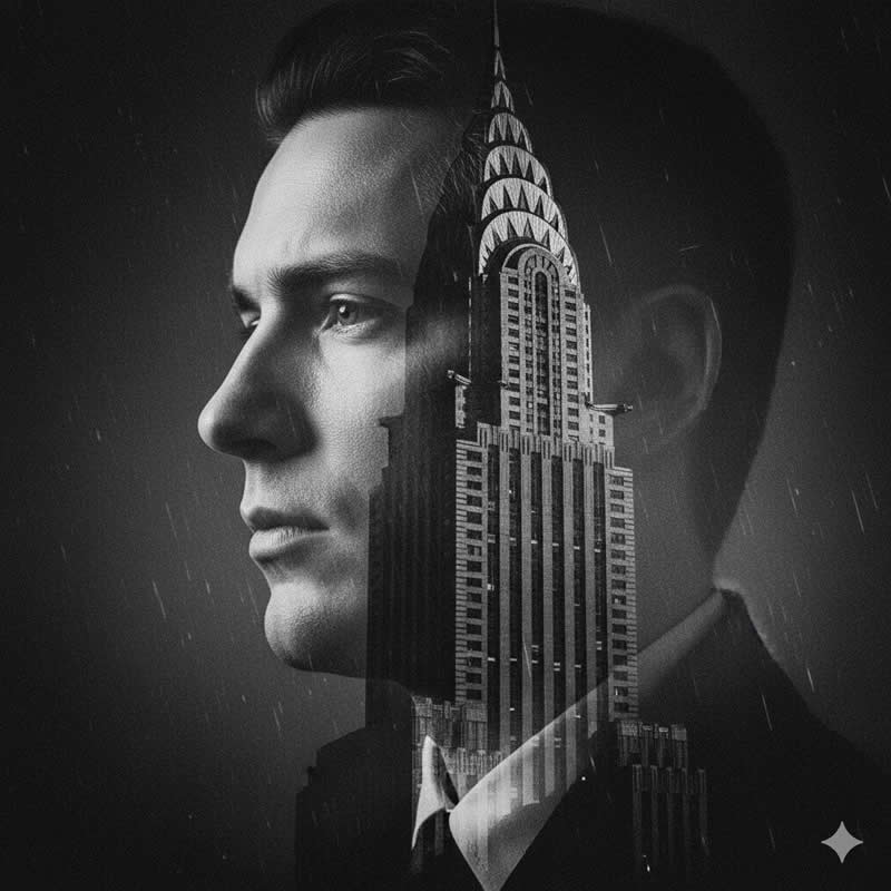 Art Deco Facade: High contrast with strong geometric lines. - Gemini AI Prompts to create Double Exposure Portraits