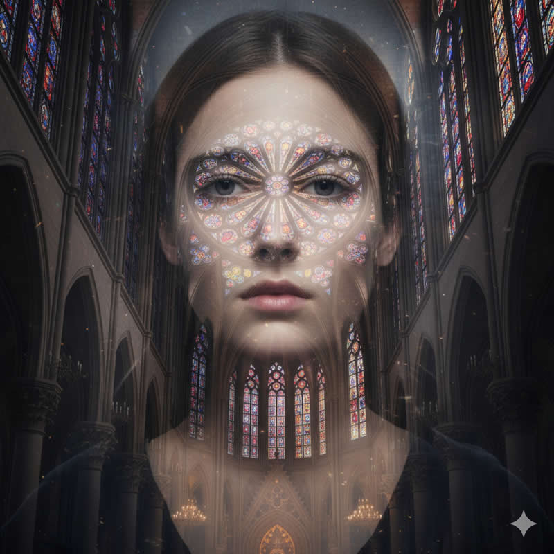Gothic Cathedral: Focuses on detail, symmetry, and spirituality. - Gemini AI Prompts to create Double Exposure Portraits