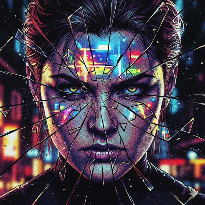 Broken Mirror Shards: Suggests fragmentation or chaos - Gemini AI Prompts to create Double Exposure Portraits