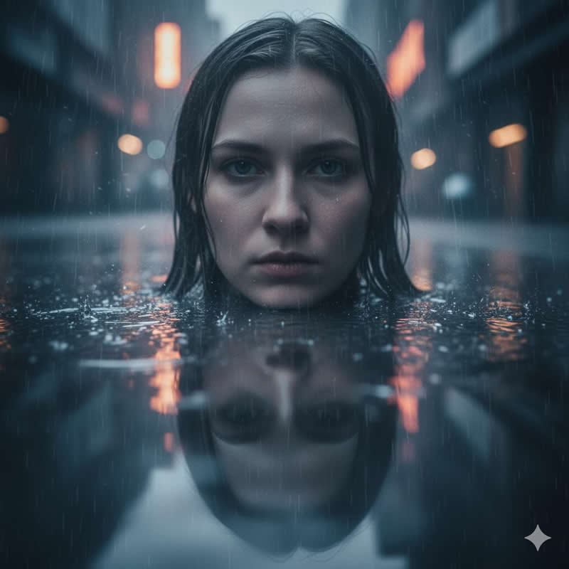 Wet Surface Reflection: Focuses on a smooth, subtle overlay - Gemini AI Prompts to create Double Exposure Portraits