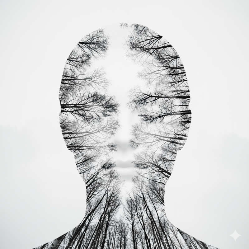 Birch Forest Silhouette: Emphasizes verticality and delicate lines - Gemini AI Prompts to create Double Exposure Portraits