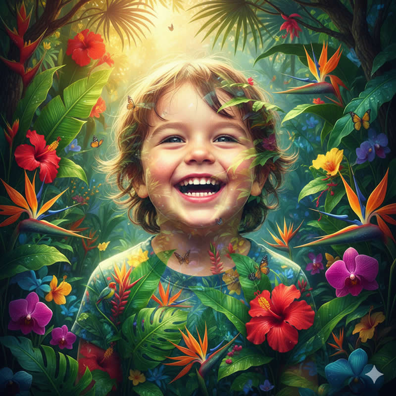 Tropical Foliage: Uses bright color and dense texture for vitality - Gemini AI Prompts to create Double Exposure Portraits