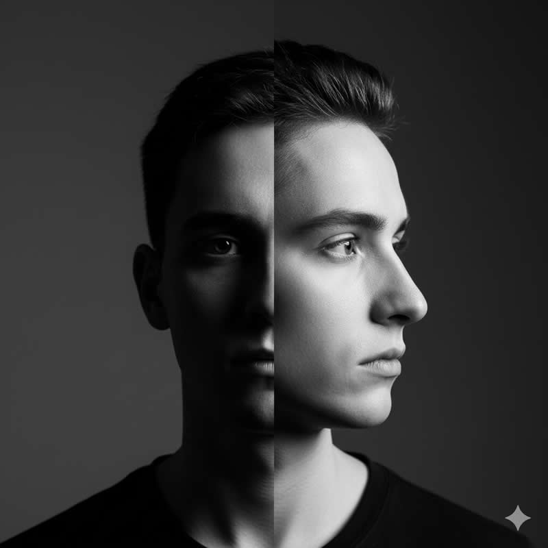 Duality/Two Sides: Explores the inner self or conflicting emotions - Gemini AI Prompts to create Double Exposure Portraits