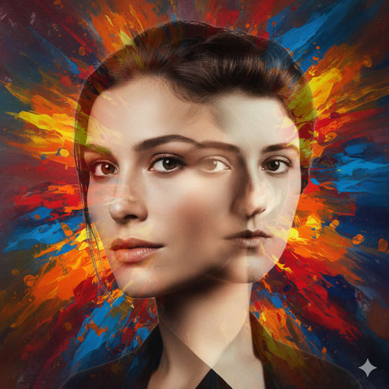 Iconic Merge: Creates a conceptual piece about influence or fame - Gemini AI Prompts to create Double Exposure Portraits