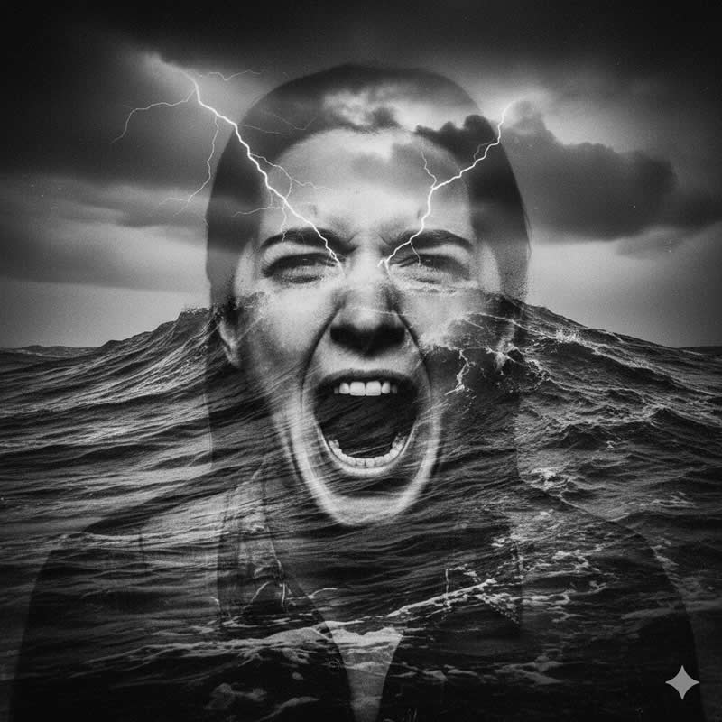 Stormy Ocean: Uses high contrast for intense emotion and movement - Gemini AI Prompts to create Double Exposure Portraits