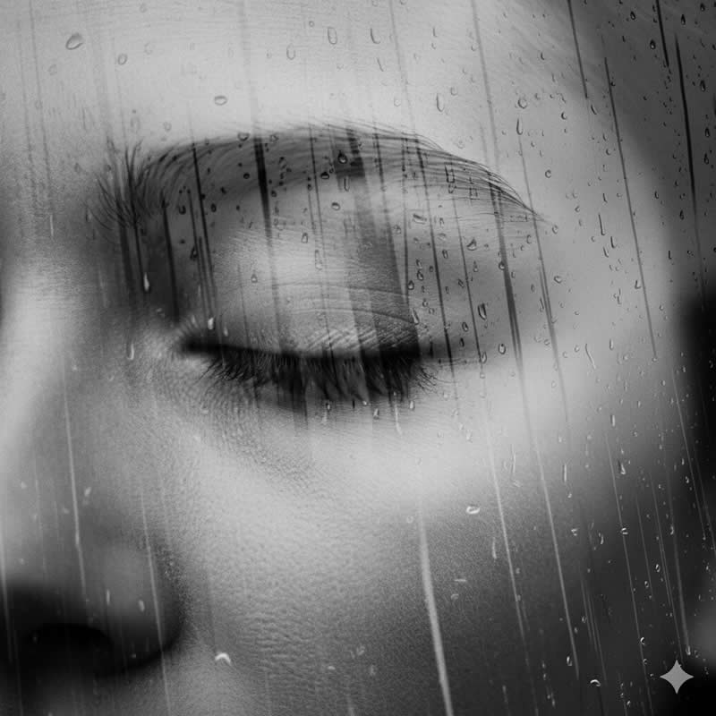 Rain on Glass: Creates a subdued, reflective, and poetic feel - Gemini AI Prompts to create Double Exposure Portraits