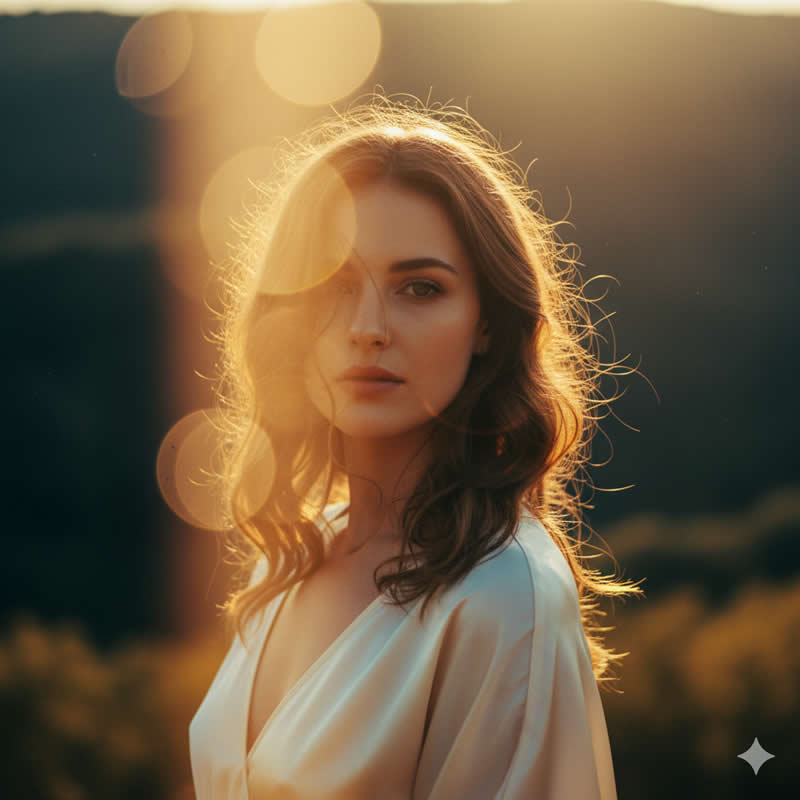 Artistic Light Spill & Flare: Creative portrait - Gemini AI Prompts for Magazine-Worthy Natural Light Portraits
